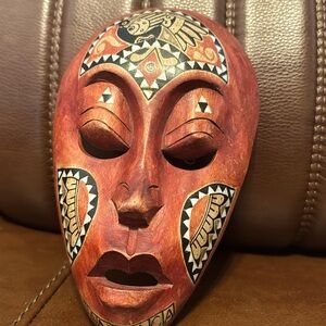Vintage Tribal Hand Carved Wooden Mask Mother Of Pearl Inlay
